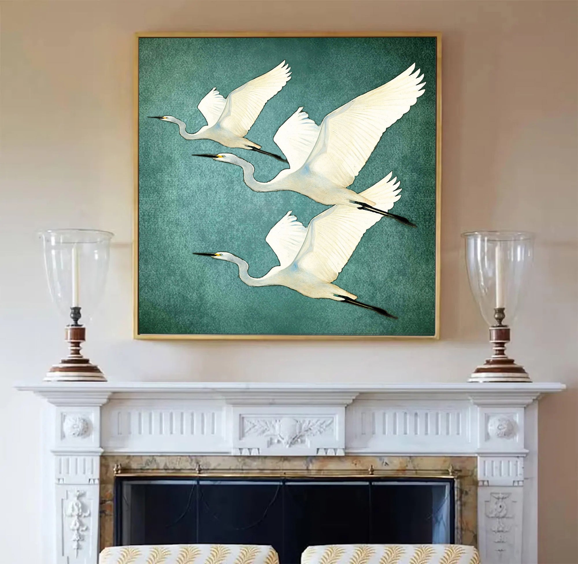 Hand Painted White Egret Birds Teal Artwork – Serene Nature Teal Textured Minimalist Wall Art