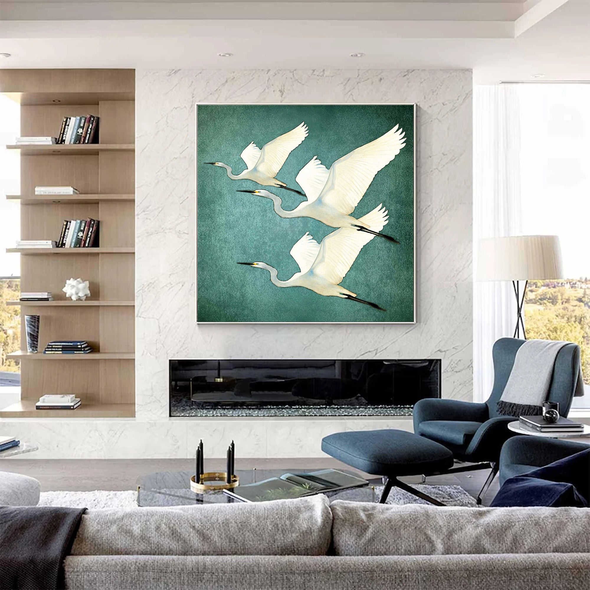 Hand Painted White Egret Birds Teal Artwork – Serene Nature Teal Textured Minimalist Wall Art