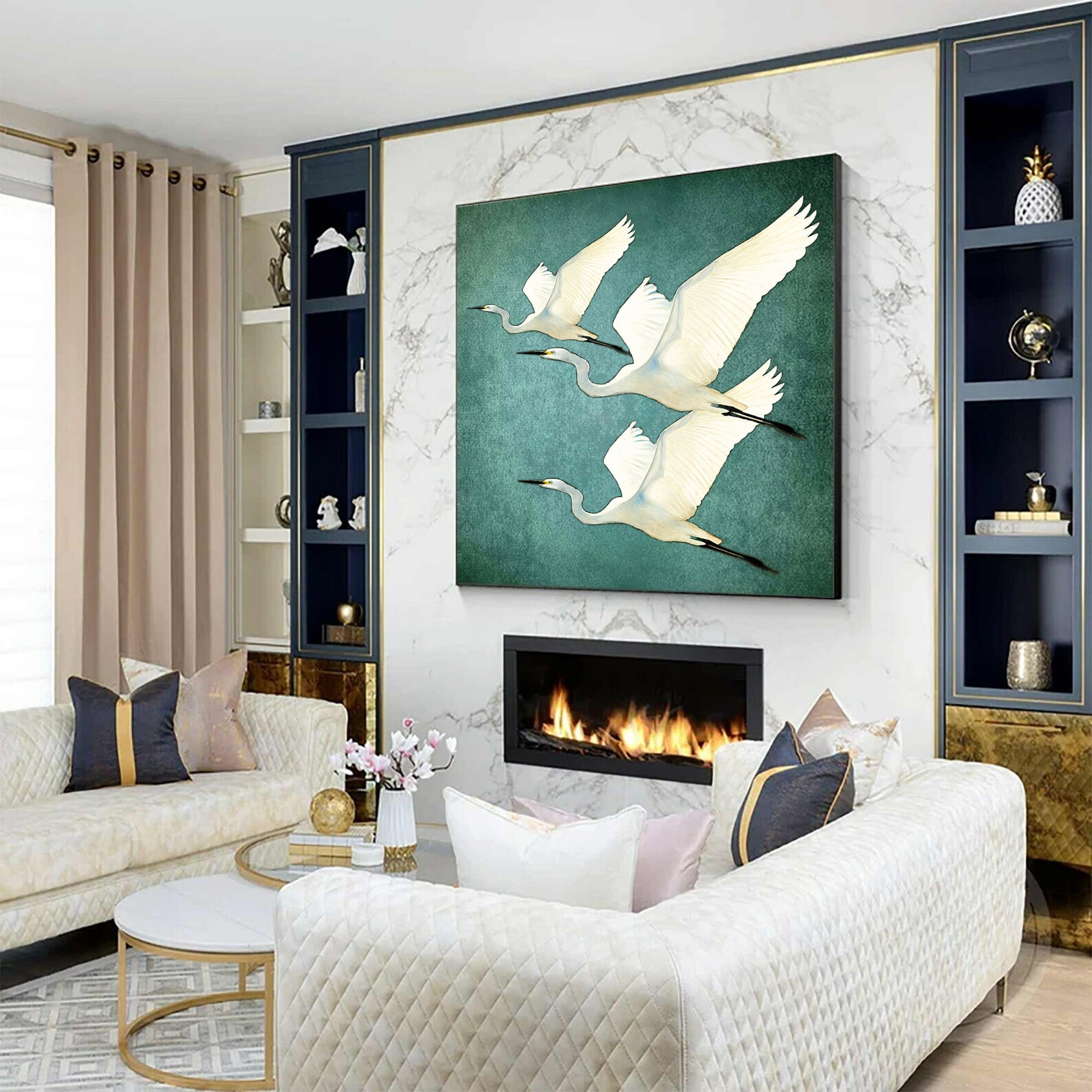 Hand Painted White Egret Birds Teal Artwork – Serene Nature Teal Textured Minimalist Wall Art