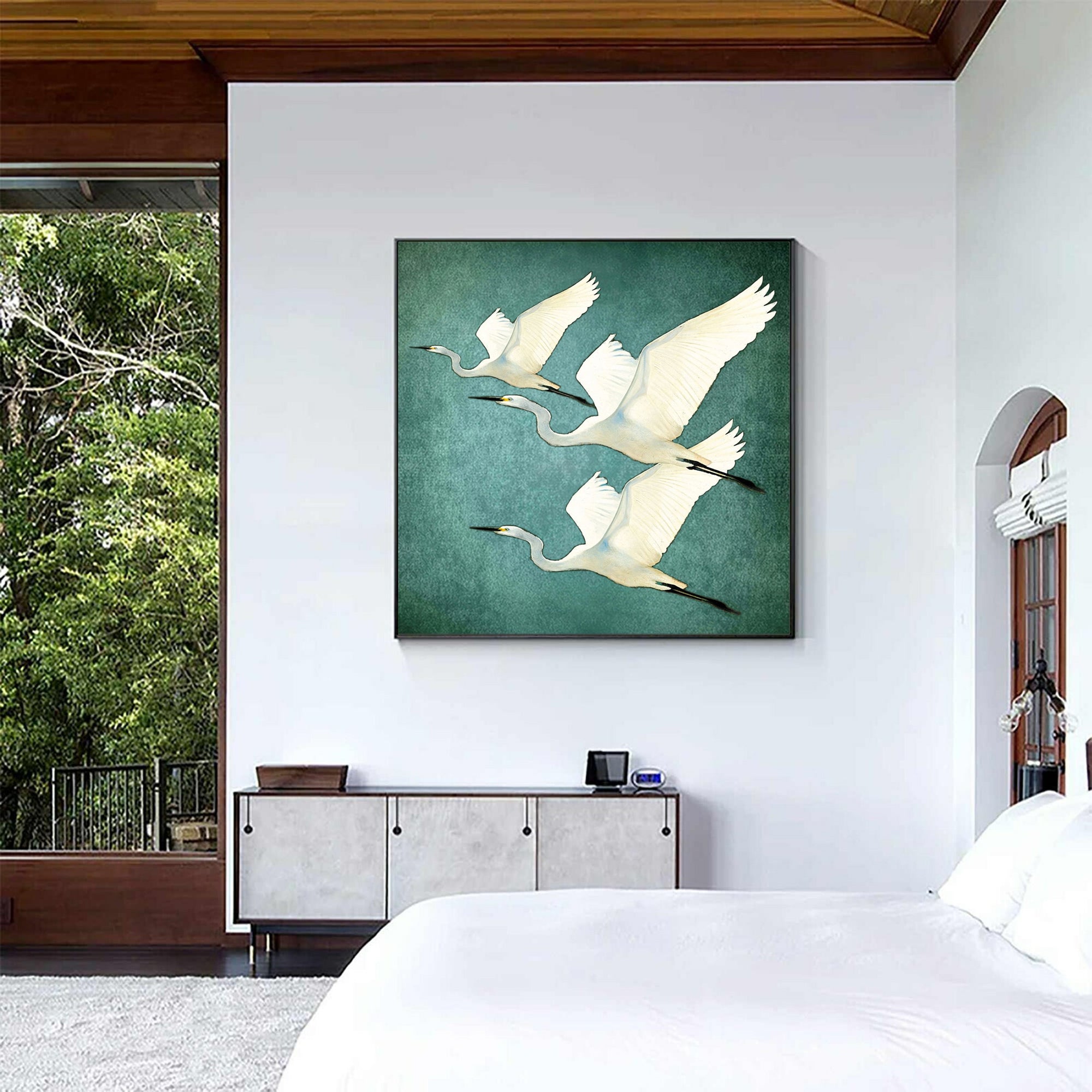 Hand Painted White Egret Birds Teal Artwork – Serene Nature Teal Textured Minimalist Wall Art