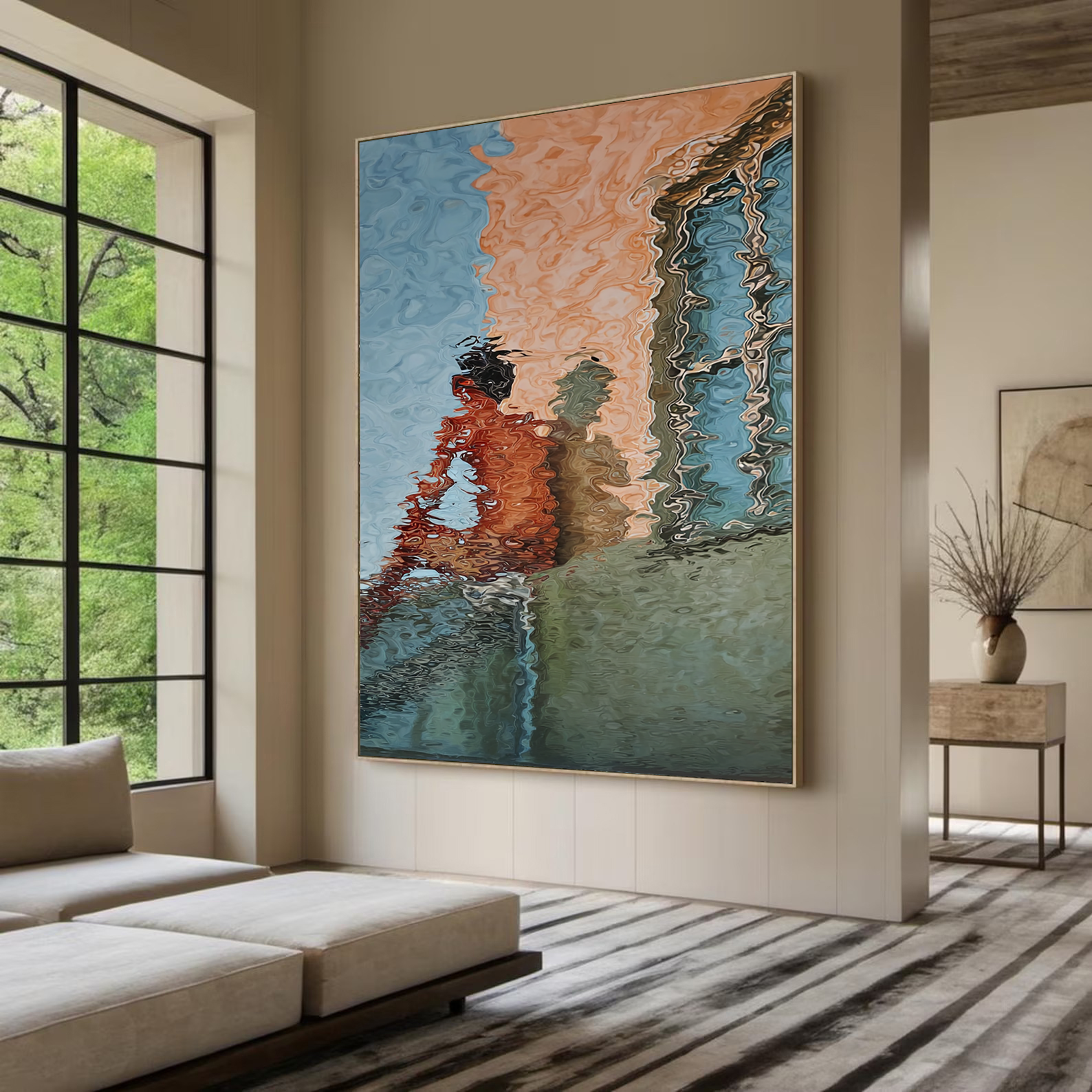 Hand-Painted Abstract Water Reflection Painting -- Modern Contemporary Figurative Wall Art for Living Room
