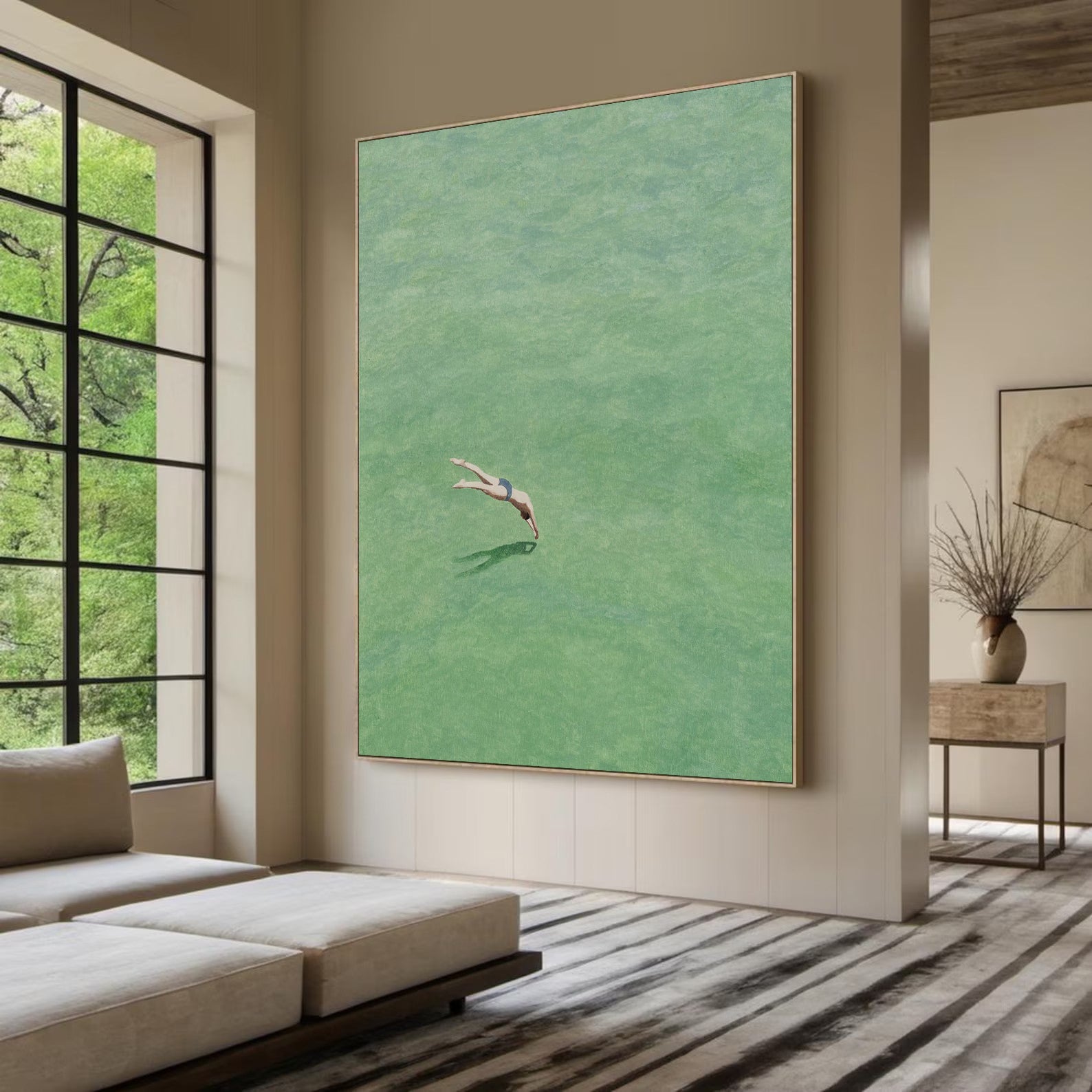 Diving into the Green" Original Swimmer Abstract Painting - Minimalist Green Wall Art for Home Decor