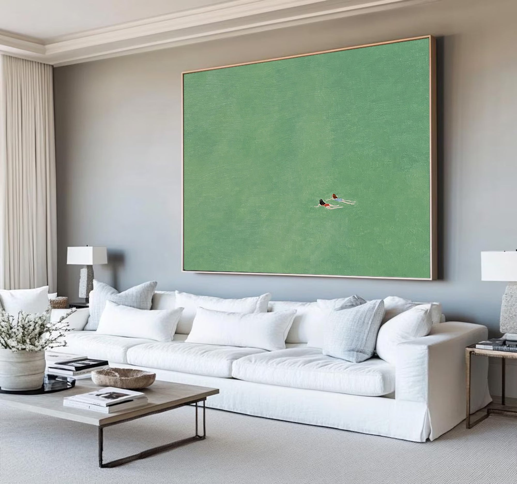 Original Summer Swim Oil Painting - Minimalist Emerald Green Water Wall Art for Home Decor