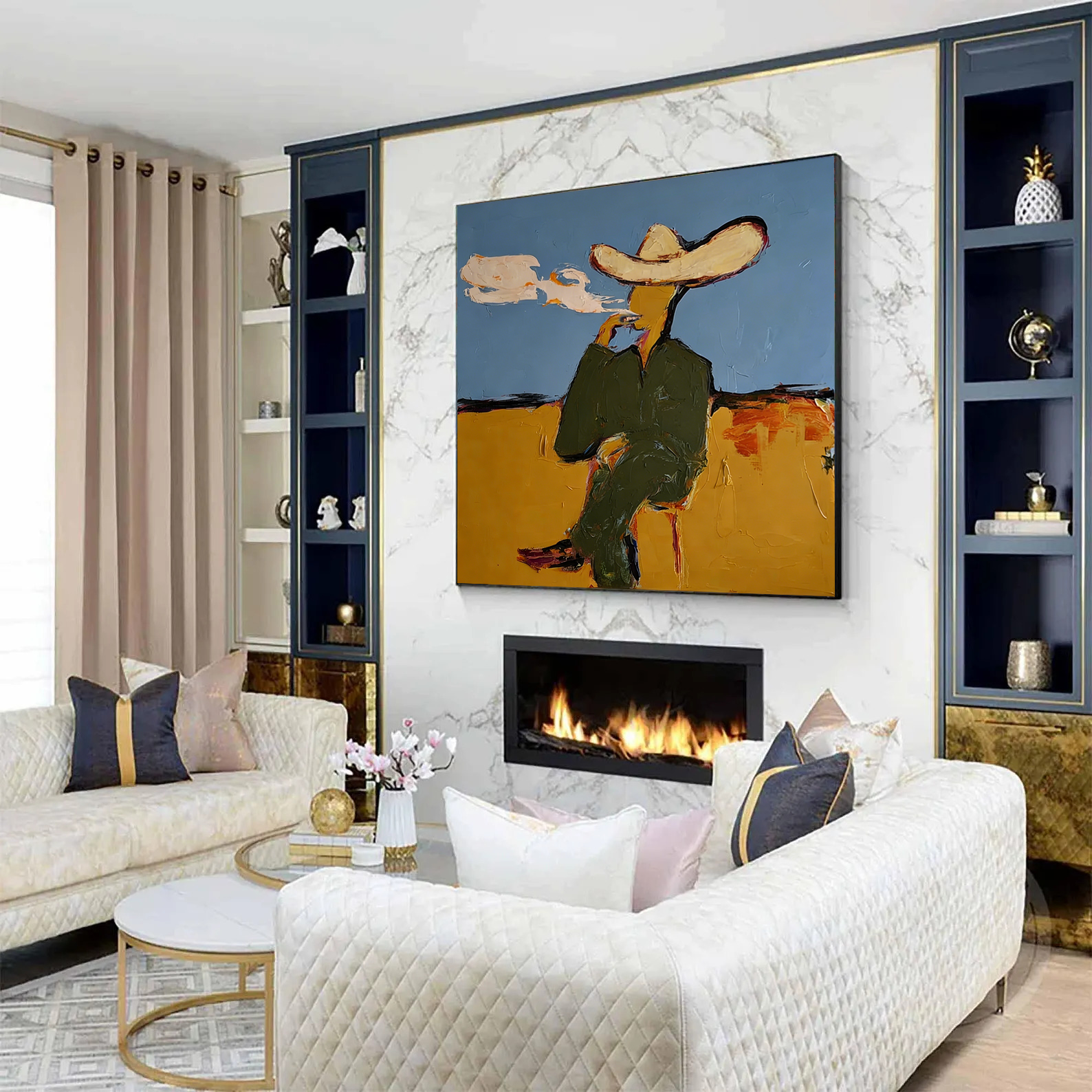 Abstract Smoking Man Painting, Modern Fashion Wall Art, Blue and Painted Contemporary Glam Decor