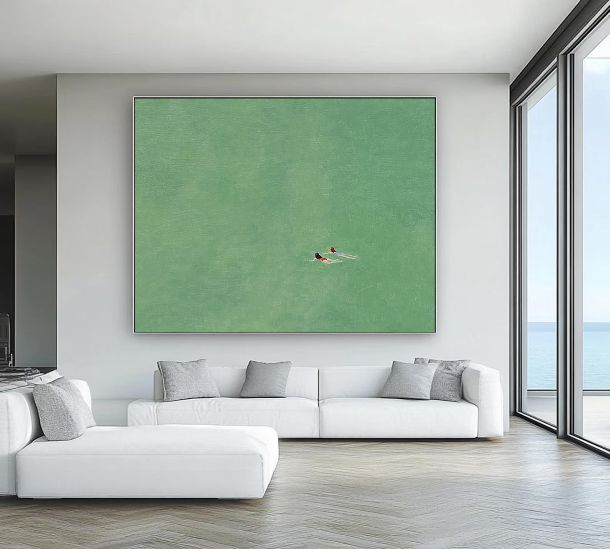 Original Summer Swim Oil Painting - Minimalist Emerald Green Water Wall Art for Home Decor