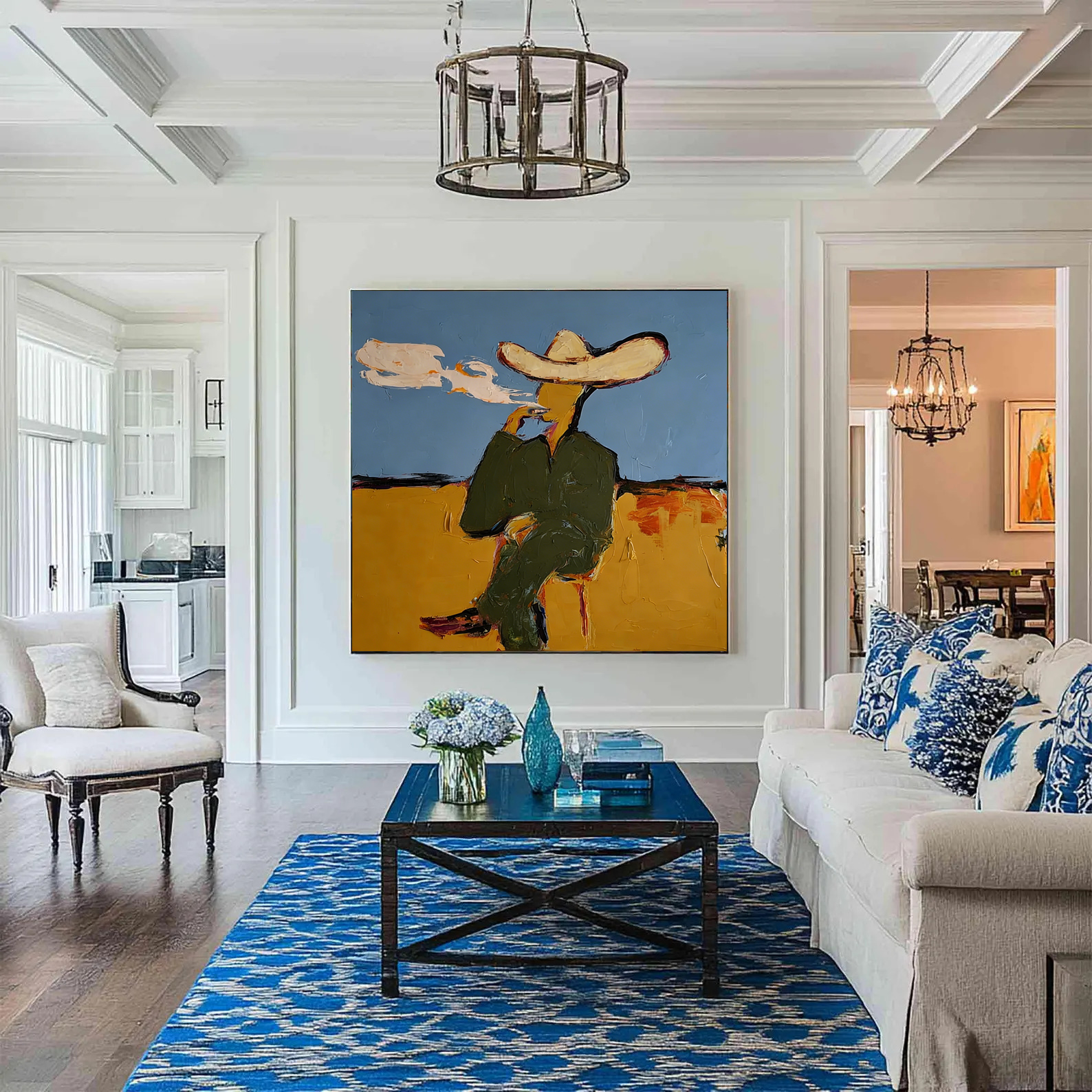Abstract Smoking Man Painting, Modern Fashion Wall Art, Blue and Painted Contemporary Glam Decor