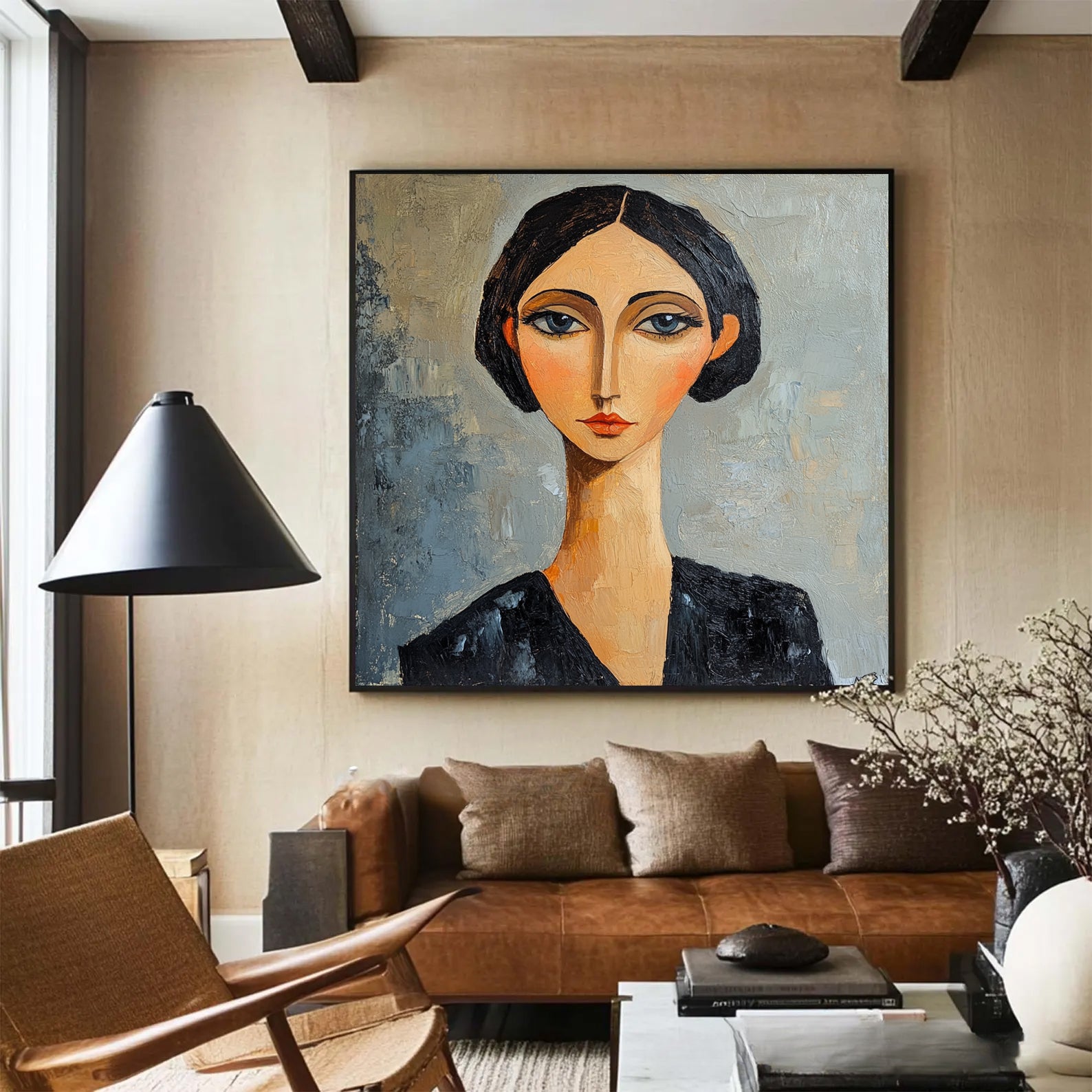 Modern Expressionist Female Portrait Oil Painting - Hand-Painted Modigliani-Stylized Woman Wall Art