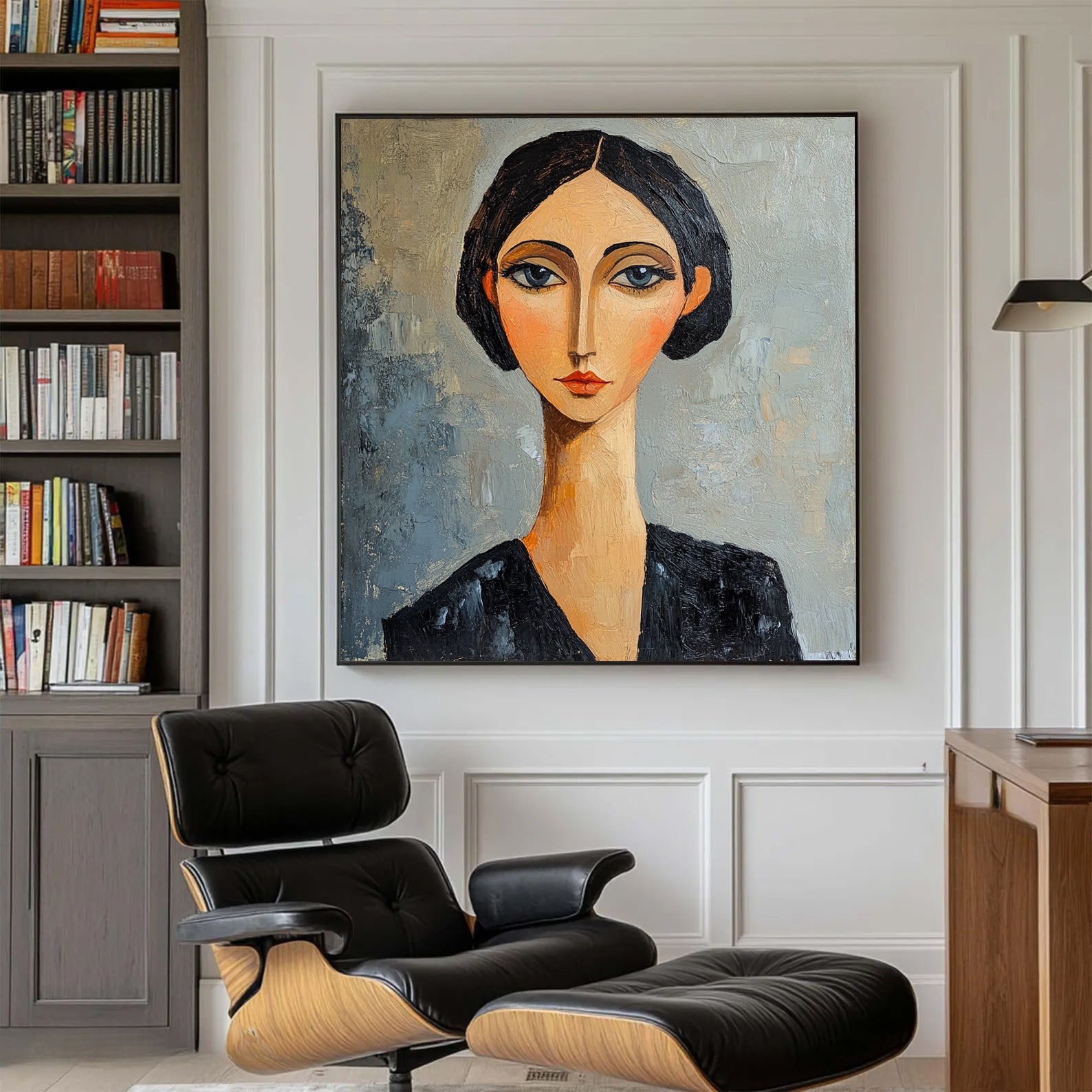Modern Expressionist Female Portrait Oil Painting - Hand-Painted Modigliani-Stylized Woman Wall Art