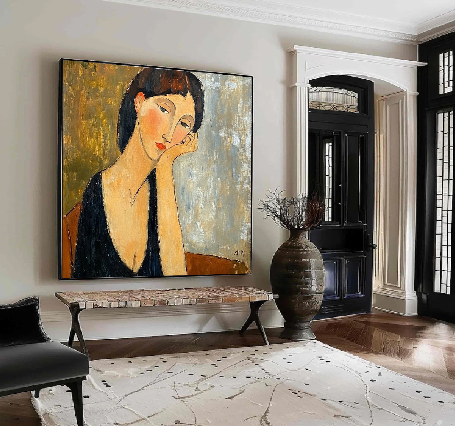 "The Pensive Muse" Original Portrait Oil Painting - Modigliani Style Hand-Painted Woman Wall Art