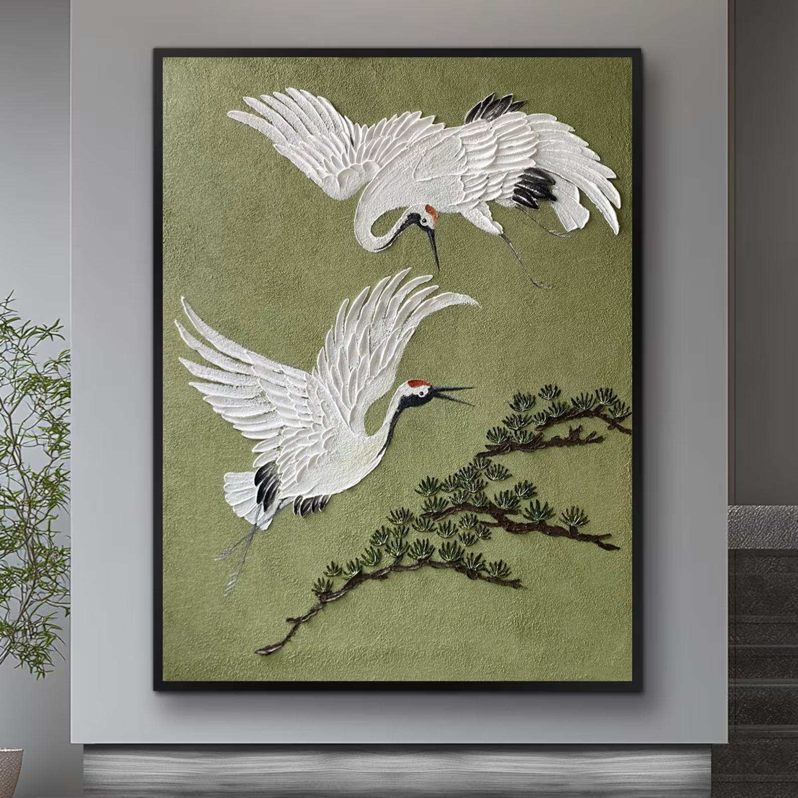 Eternal Flight -- 3D Textured Crane and Pine Original Art