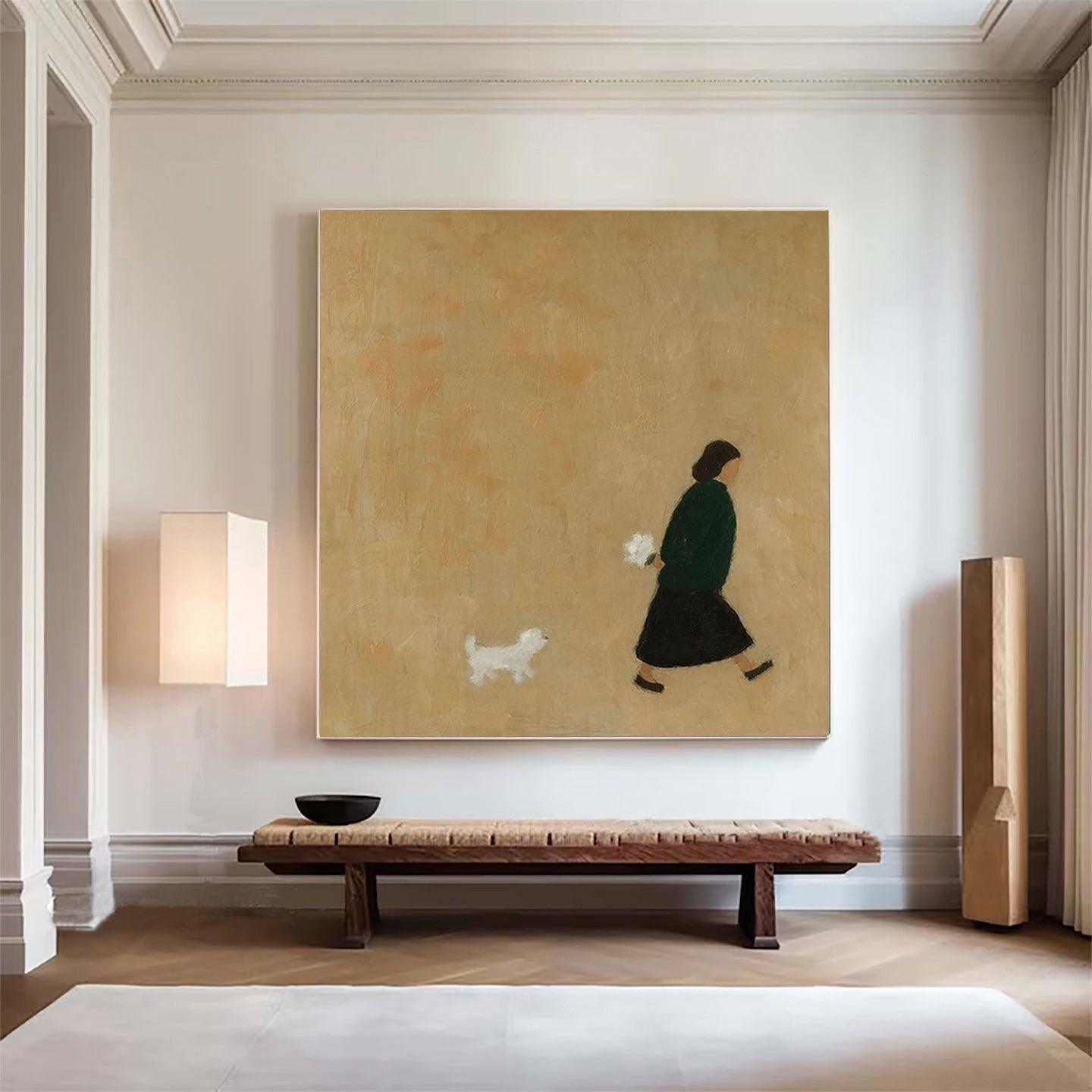 Mama & Puppy -- Modern Neutral Toned Minimalist People & Animal Art