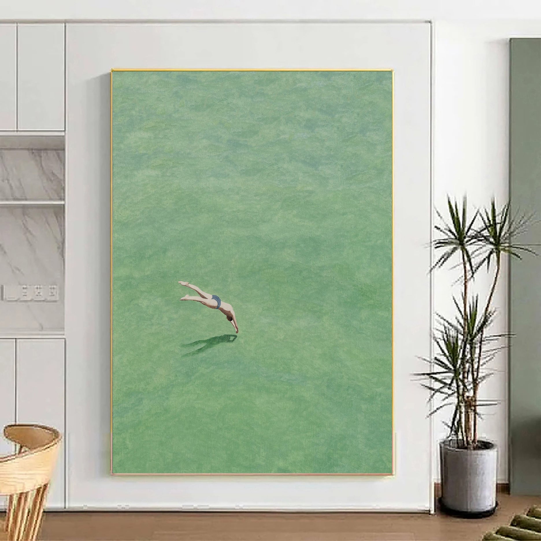 Diving into the Green" Original Swimmer Abstract Painting - Minimalist Green Wall Art for Home Decor
