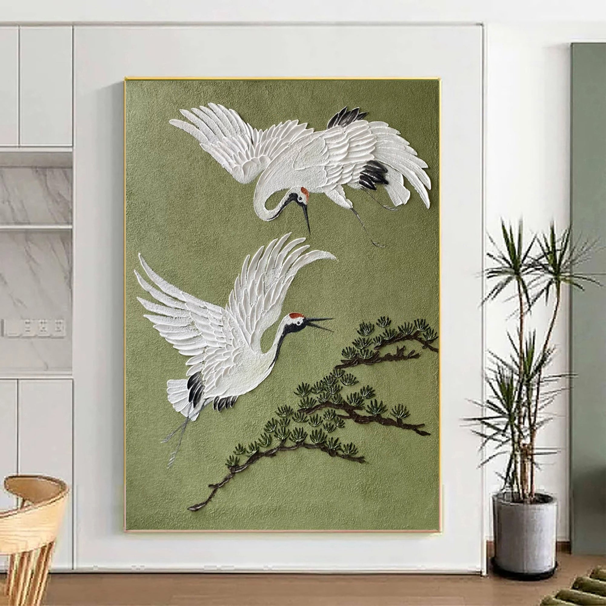 Eternal Flight -- 3D Textured Crane and Pine Original Art