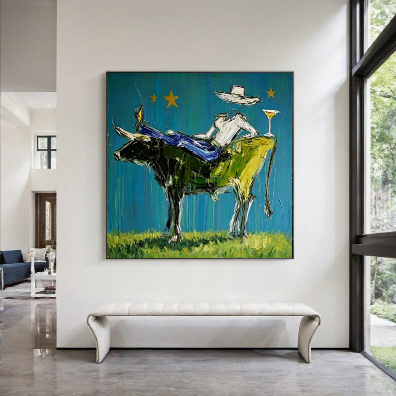 Abstract Cowboy on Bull Painting, Modern Fashion Wall Art, Blue and Painted Contemporary Decor