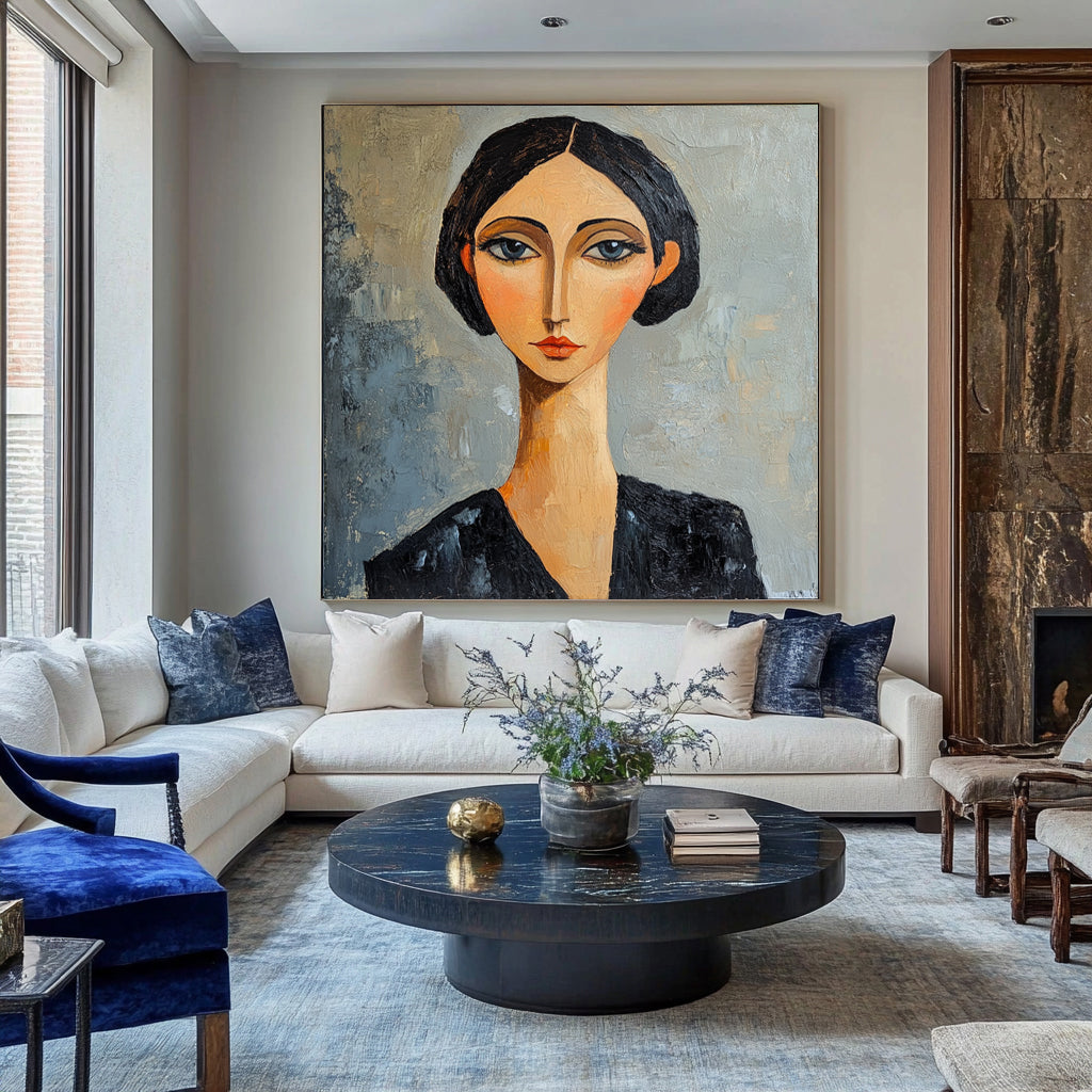 Modern Expressionist Female Portrait Oil Painting - Hand-Painted Modigliani-Stylized Woman Wall Art