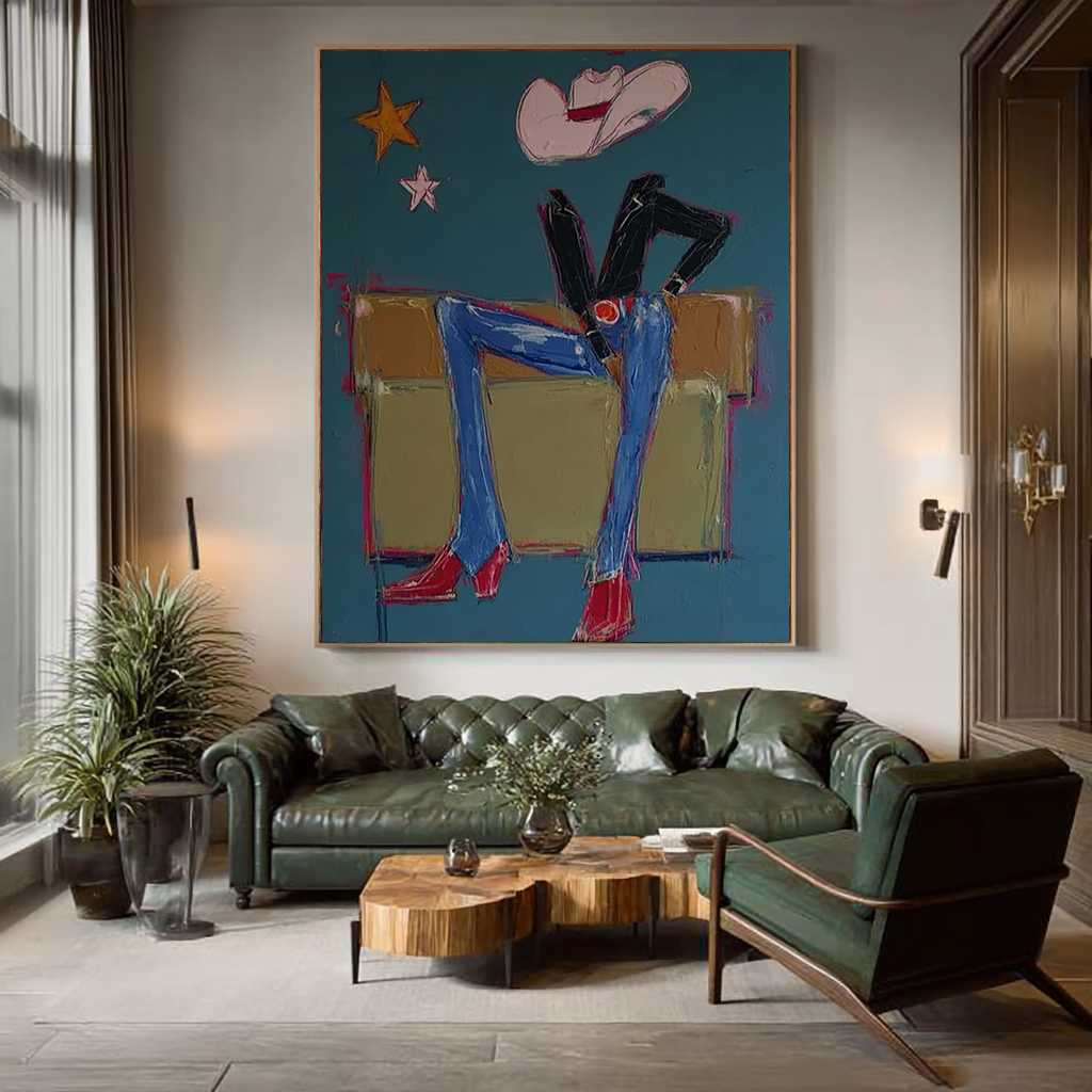 Cowgirl Boots Wall Art, Abstract Fashion Woman Painting, Western Chic Canvas, Hand Painted Blue Red Modern Decor