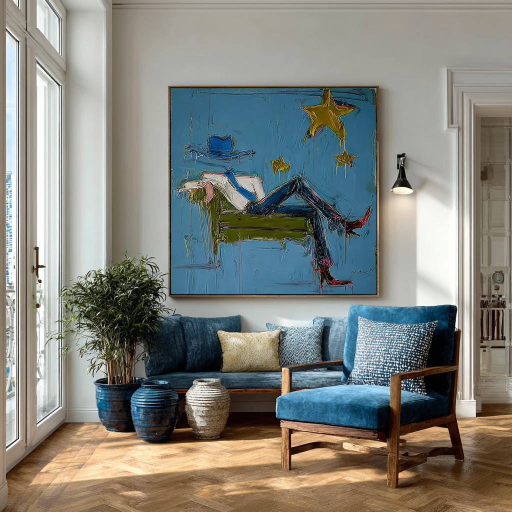 Abstract Cowboy Blue Painting, Modern Fashion Wall Art, Blue Star Canvas, Hand Painted Contemporary Glam Decor