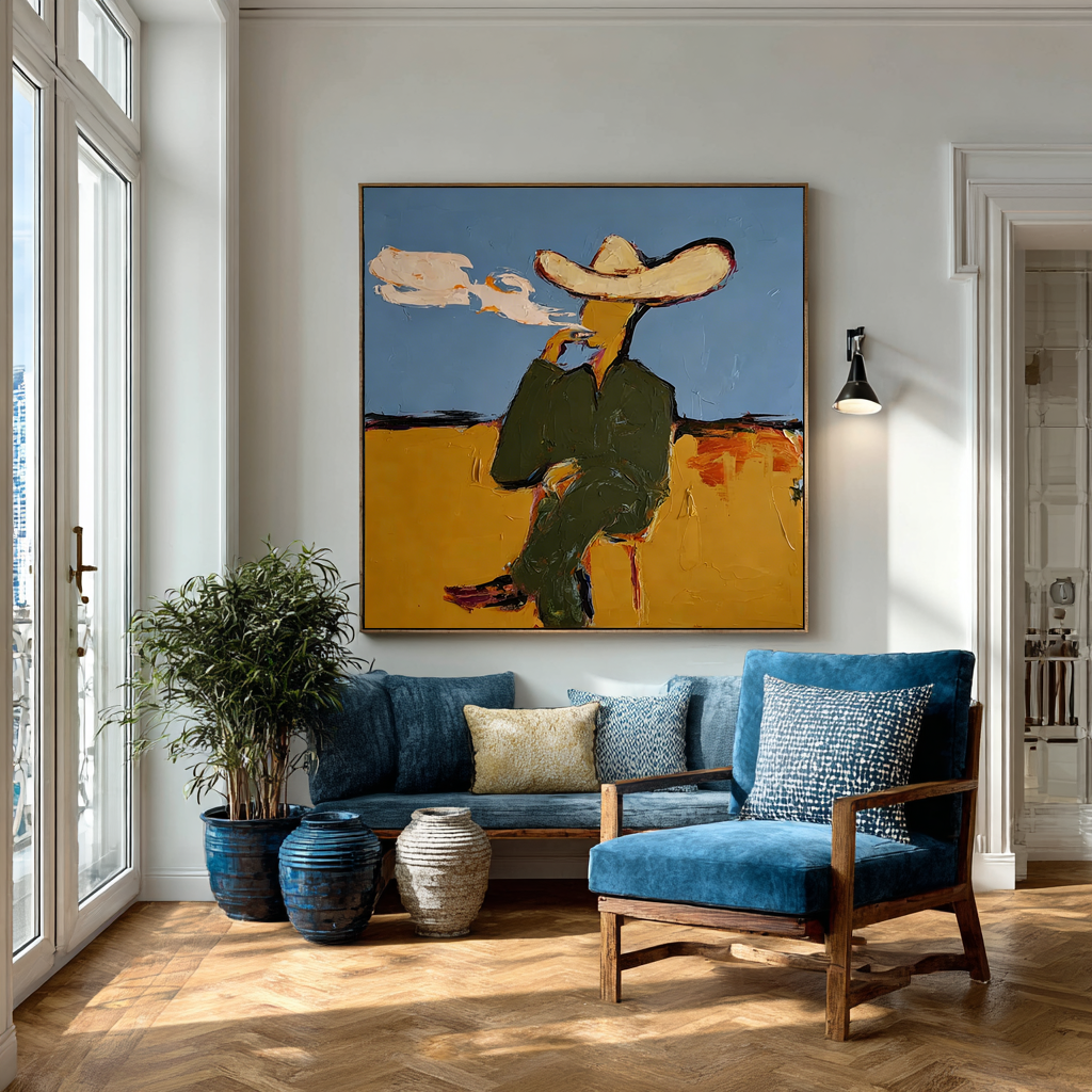 Abstract Smoking Man Painting, Modern Fashion Wall Art, Blue and Painted Contemporary Glam Decor