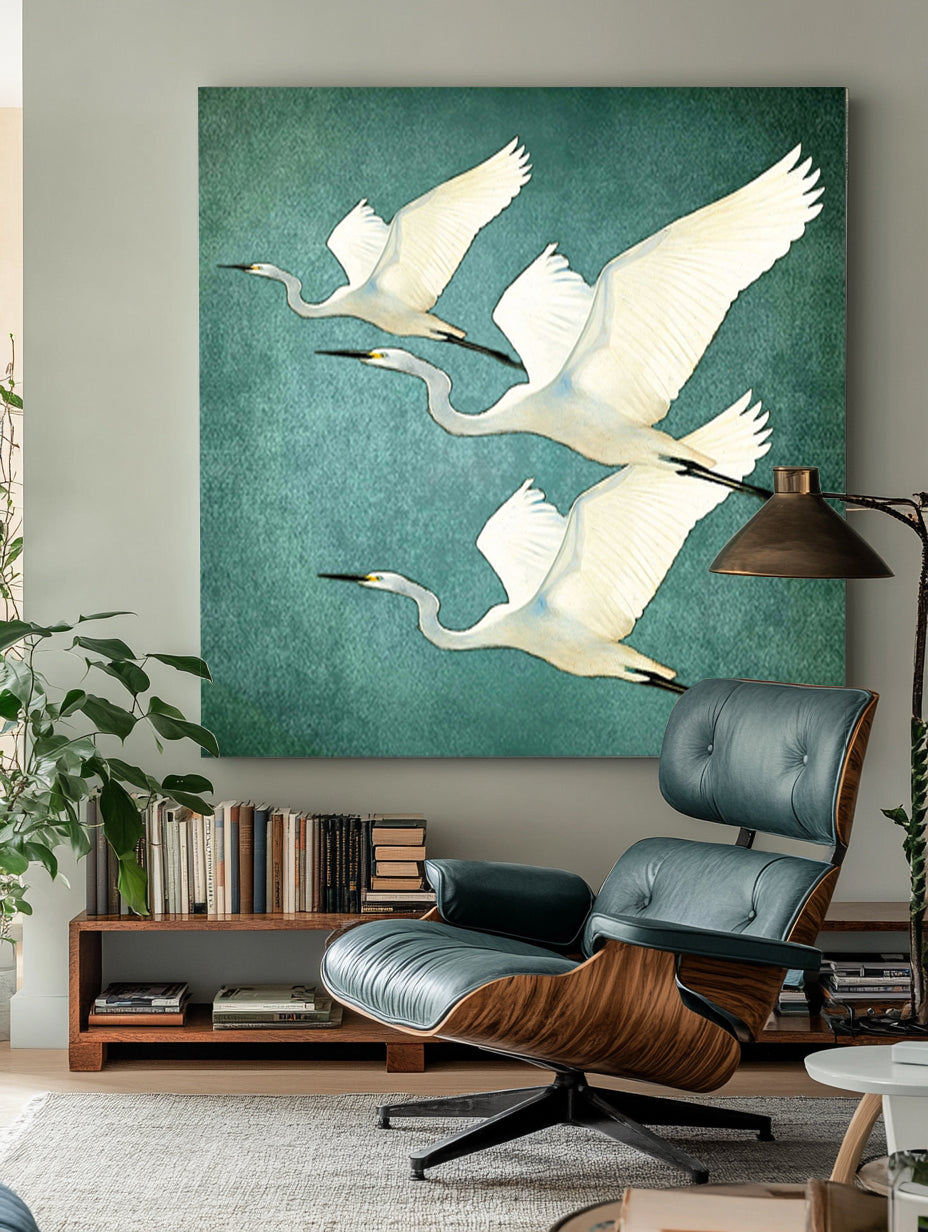 Hand Painted White Egret Birds Teal Artwork – Serene Nature Teal Textured Minimalist Wall Art