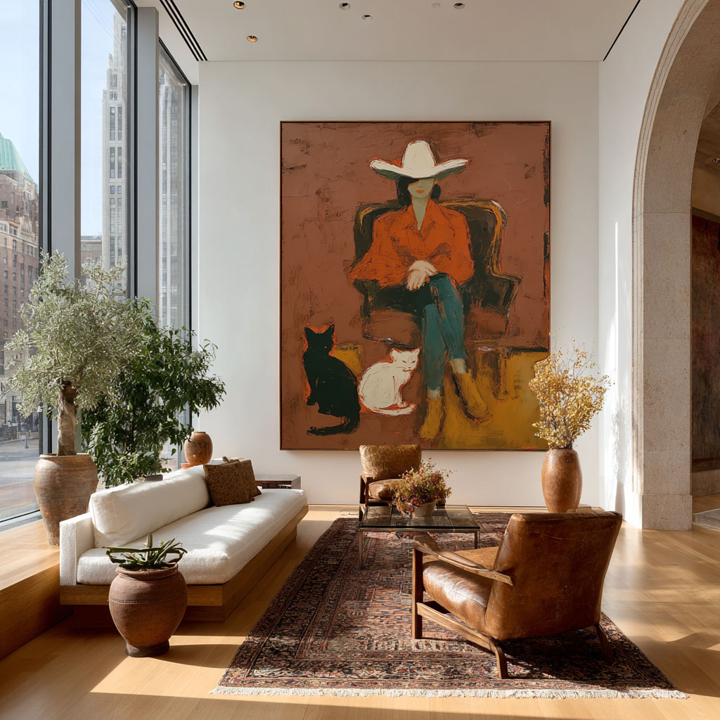 Abstract Cowgirl with Black White Cats Painting, Minimalist Western Art, Hand Painted Oil Painting, Modern Rustic Wall Art, Woman in Hat Artwork (Copy)