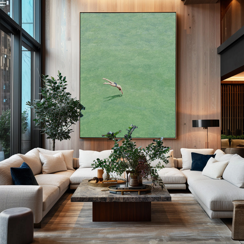 Diving into the Green" Original Swimmer Abstract Painting - Minimalist Green Wall Art for Home Decor