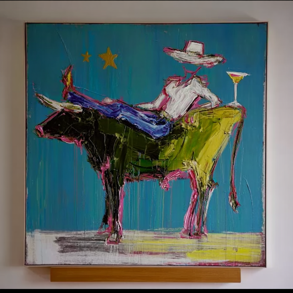 Abstract Cowboy on Bull Painting, Modern Fashion Wall Art, Blue and Painted Contemporary Decor