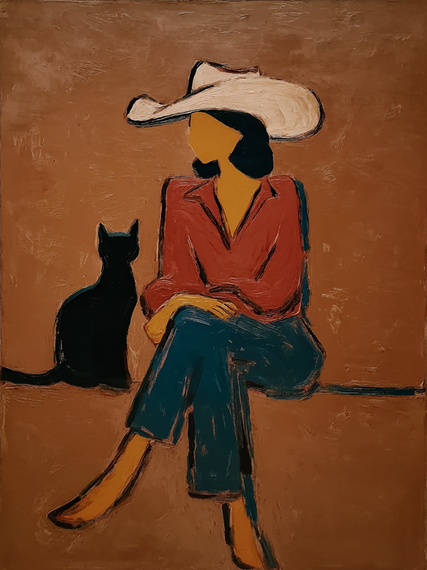 Cowgirl with Black Cat Painting Love Pet