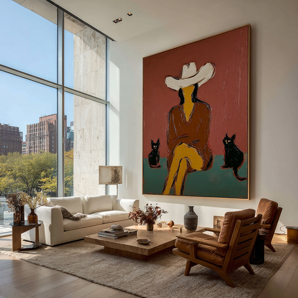 Abstract Cowgirl Painting with Black Cats, Minimalist Western Art, Hand Painted Oil Painting, Modern Rustic Wall Art, Woman in Hat Artwork