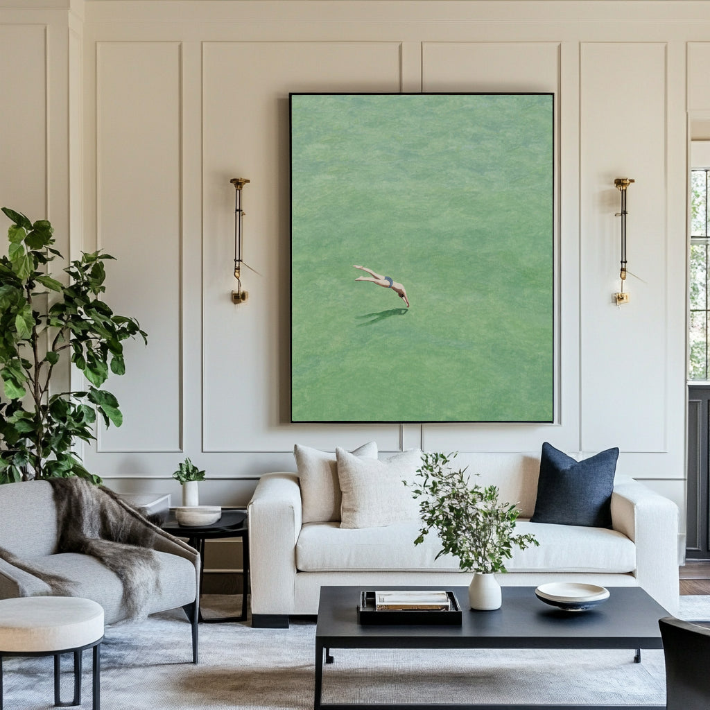 Diving into the Green" Original Swimmer Abstract Painting - Minimalist Green Wall Art for Home Decor