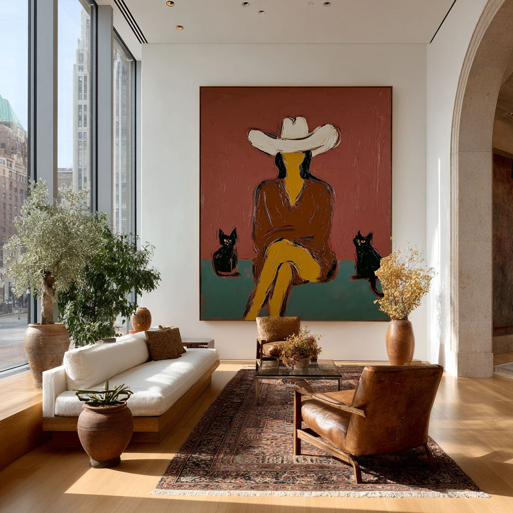 Abstract Cowgirl Painting with Black Cats, Minimalist Western Art, Hand Painted Oil Painting, Modern Rustic Wall Art, Woman in Hat Artwork