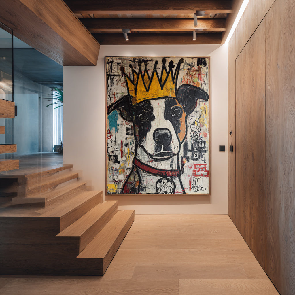 Urban King: Hand-Painted Basquiat-Style Graffiti Dog Canvas Art