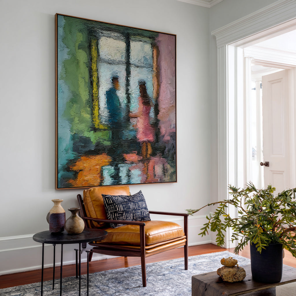 Impressionist Couple Painting - Romantic Textured Wall Art: Through the Rain