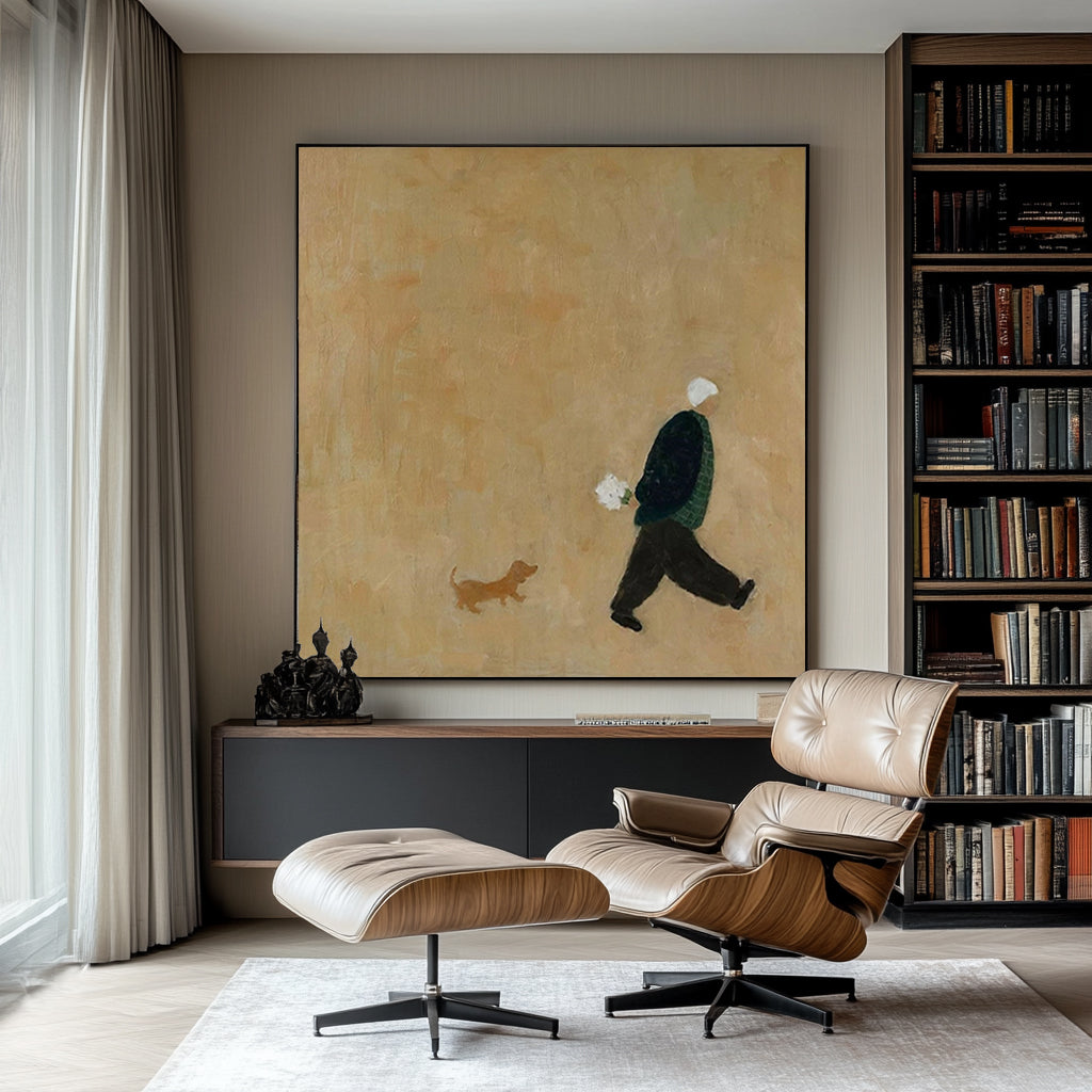 Papa & Puppy -- Modern Neutral Toned Minimalist People & Animal Art