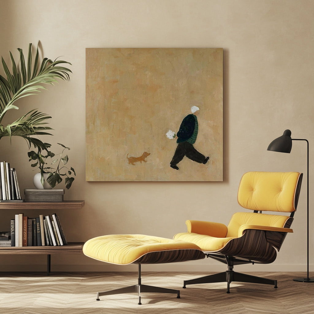 Papa & Puppy -- Modern Neutral Toned Minimalist People & Animal Art