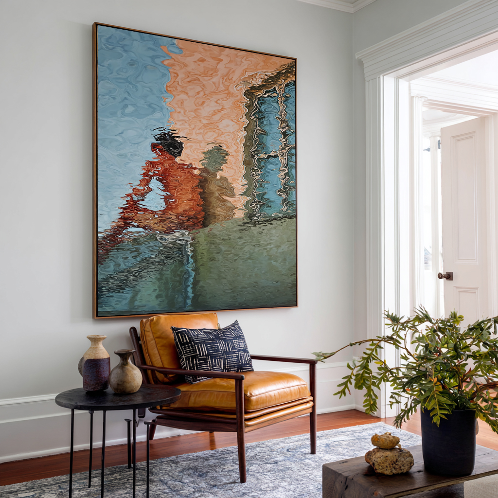 Hand-Painted Abstract Water Reflection Painting -- Modern Contemporary Figurative Wall Art for Living Room