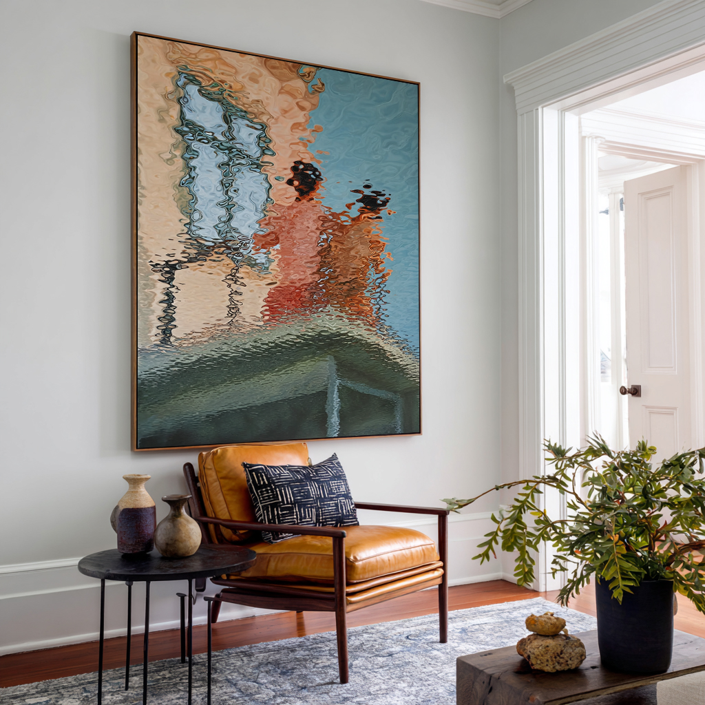 Hand-Painted Abstract Water Reflection Painting -- Modern Contemporary Wall Art for Living Room