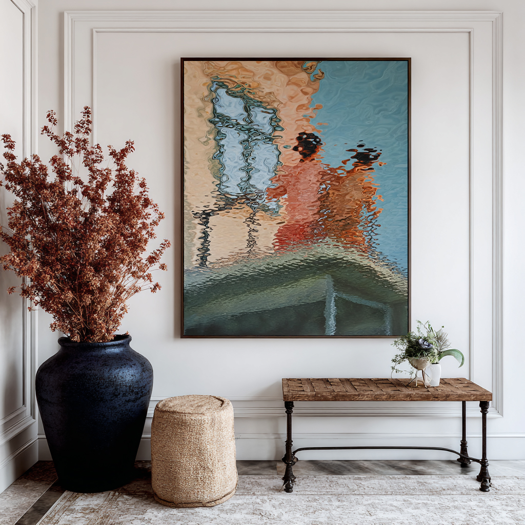 Hand-Painted Abstract Water Reflection Painting -- Modern Contemporary Wall Art for Living Room