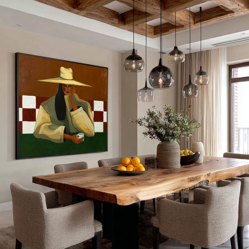 Original Modern Female Portrait Painting - Elegant Woman and Coffee Abstract Wall Art