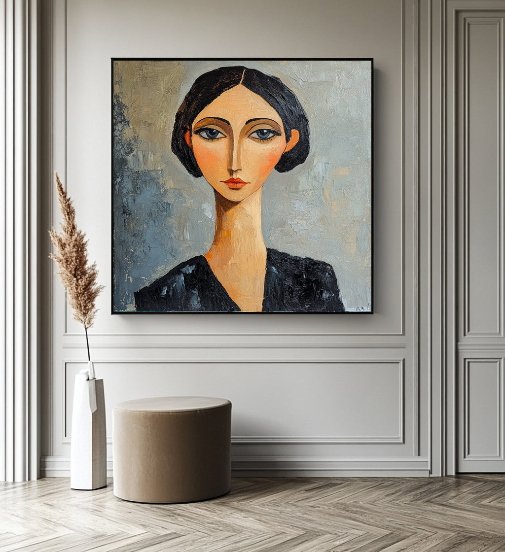 Modern Expressionist Female Portrait Oil Painting - Hand-Painted Modigliani-Stylized Woman Wall Art