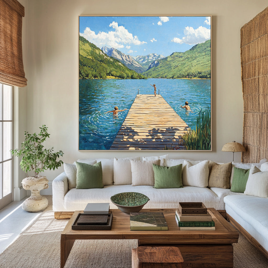 Hand-painted Impressionist Mountain Lake Oil Painting - Original Summer Landscape with Children Wall Art