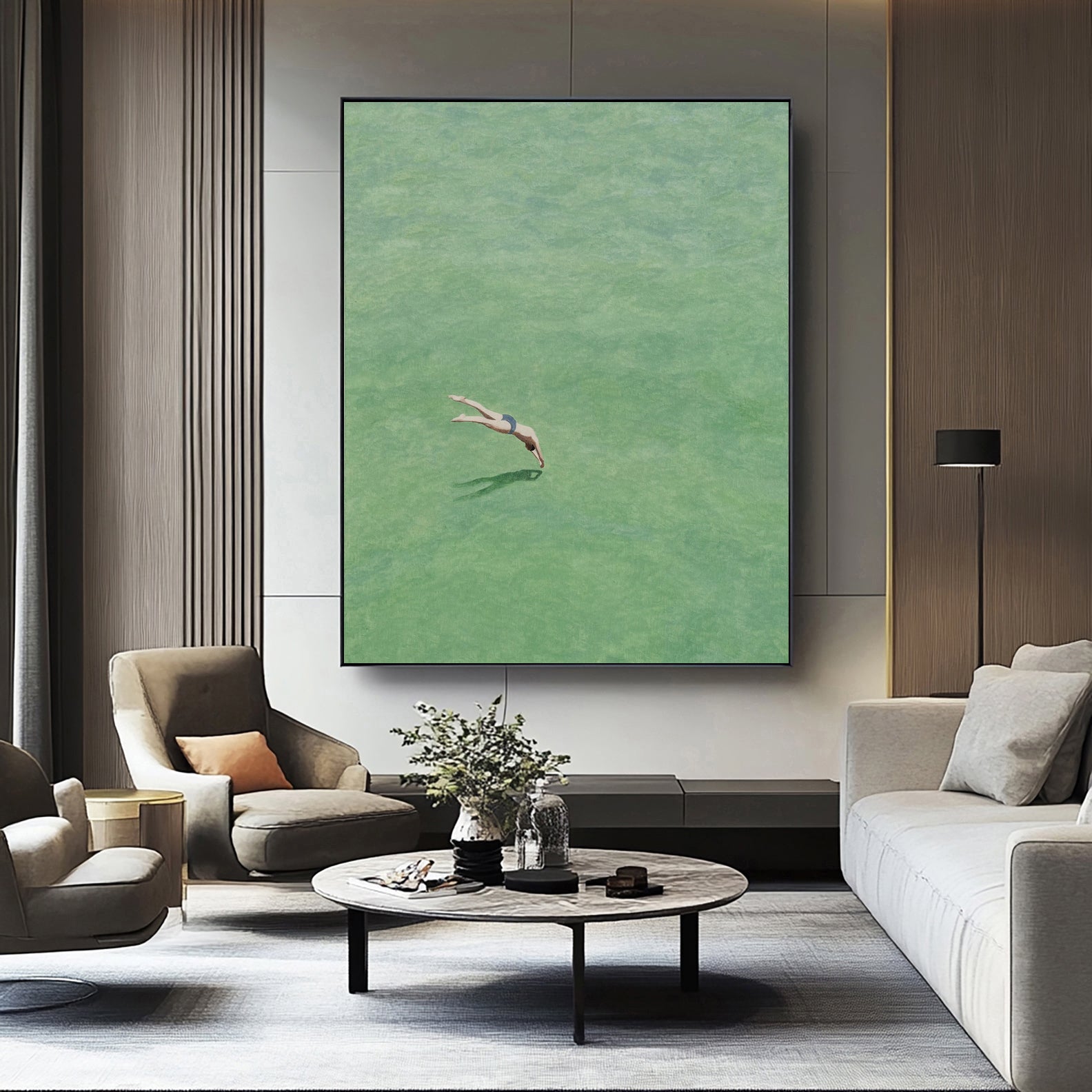 Diving into the Green" Original Swimmer Abstract Painting - Minimalist Green Wall Art for Home Decor