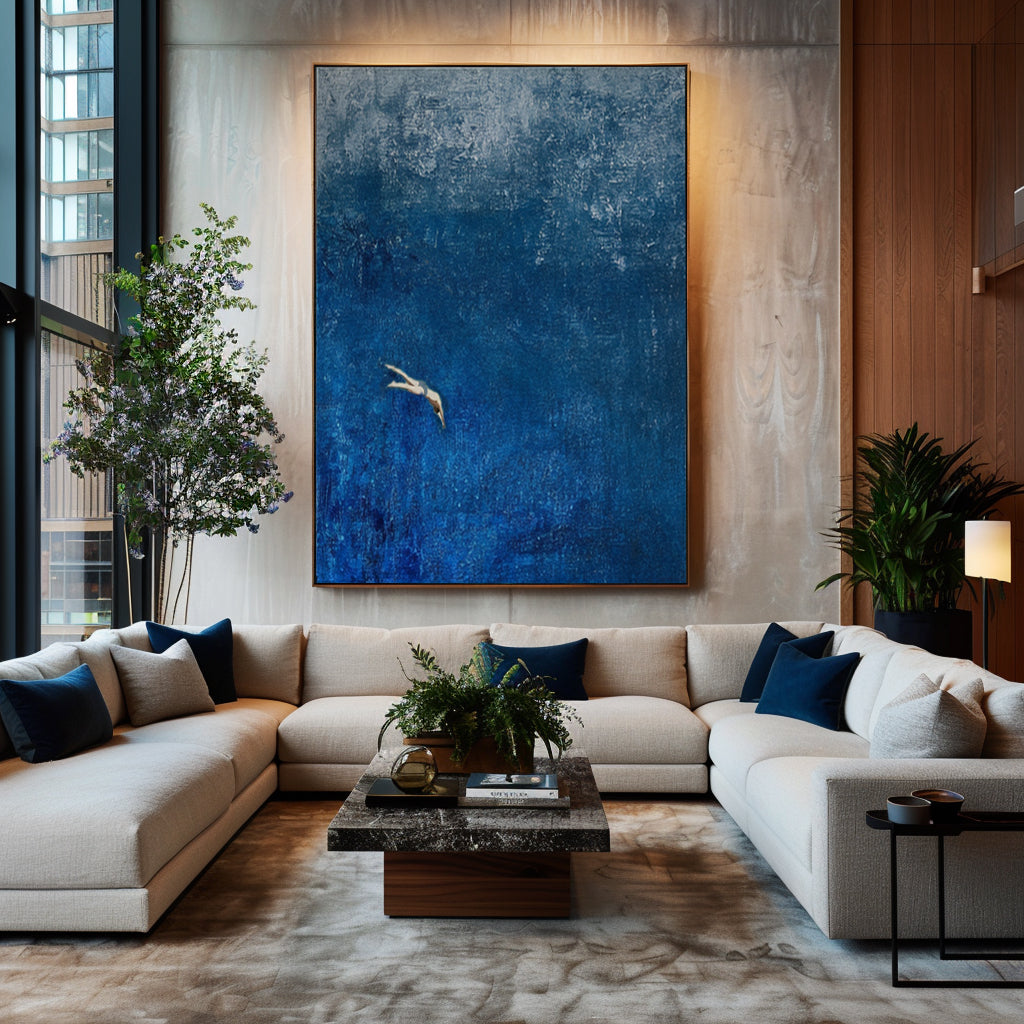 “Dive into the Blue" Original Hand-Painted Diver Minimalist Painting - Textured Deep Blue Abstract Wall Art