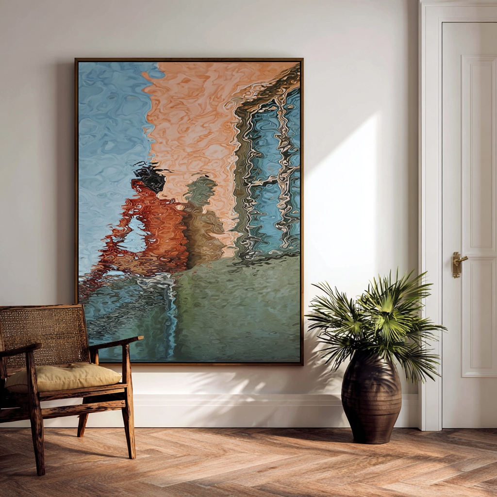Hand-Painted Abstract Water Reflection Painting -- Modern Contemporary Figurative Wall Art for Living Room