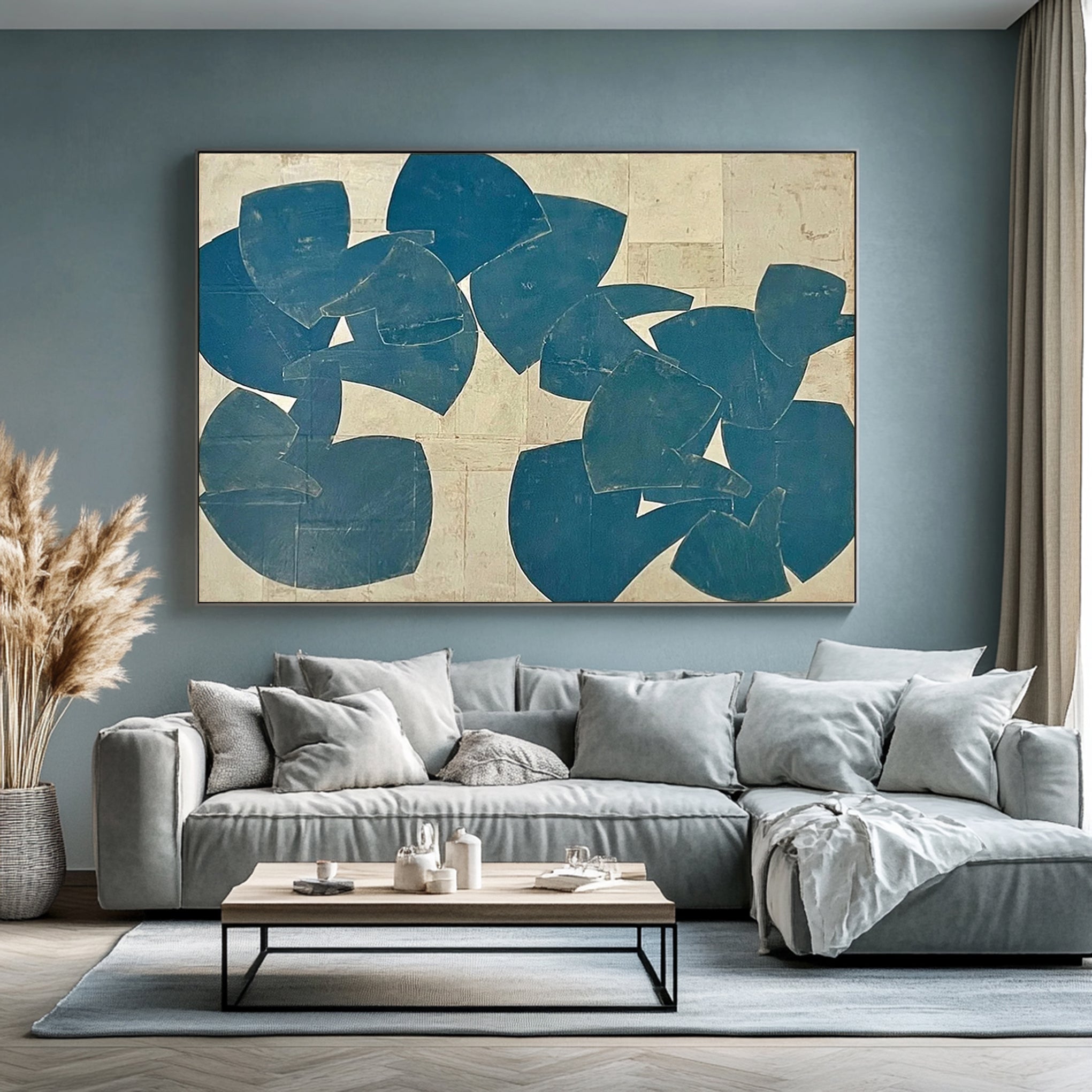 "Dancing Elves" Original Abstract Textured Painting - Modern Blue Geometric Wall Art for Minimalist Decor