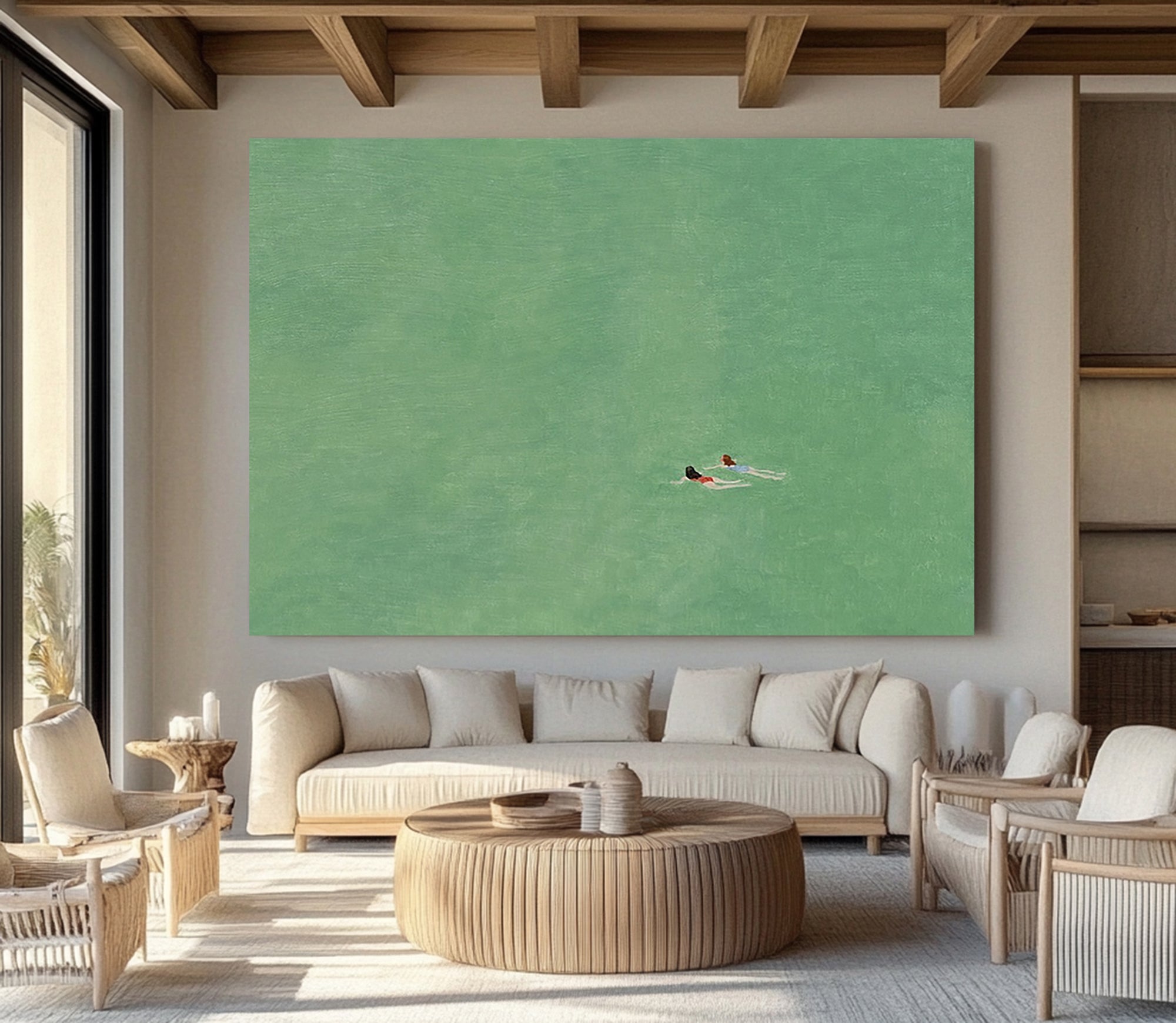 Original Summer Swim Oil Painting - Minimalist Emerald Green Water Wall Art for Home Decor