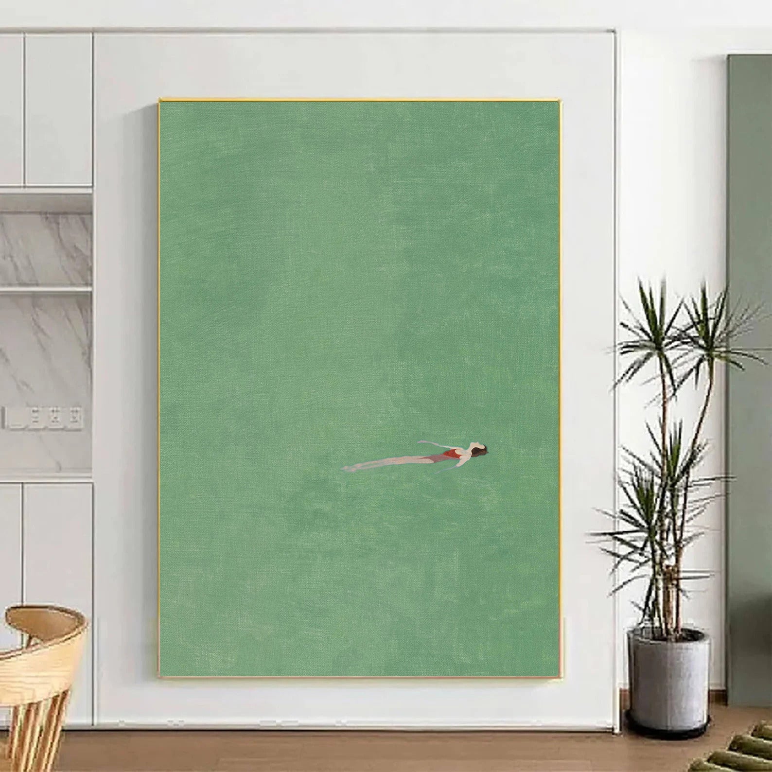 Original Summer Swimer Abstract Painting - Minimalist Emerald Green Water Wall Art for Home Decor