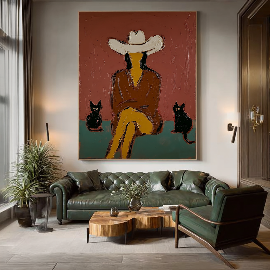 Abstract Cowgirl Painting with Black Cats, Minimalist Western Art, Hand Painted Oil Painting, Modern Rustic Wall Art, Woman in Hat Artwork