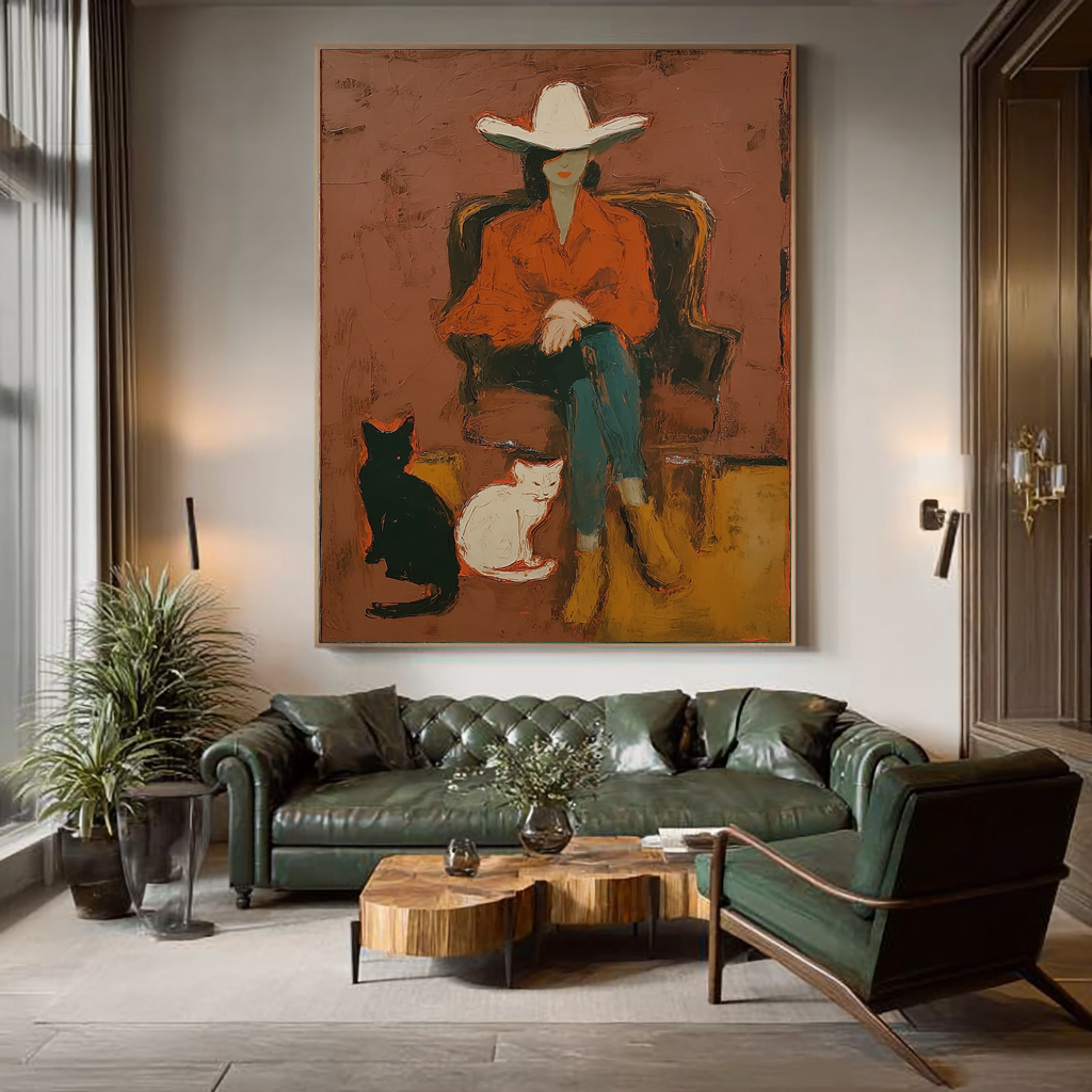 Abstract Cowgirl with Black White Cats Painting, Minimalist Western Art, Hand Painted Oil Painting, Modern Rustic Wall Art, Woman in Hat Artwork (Copy)