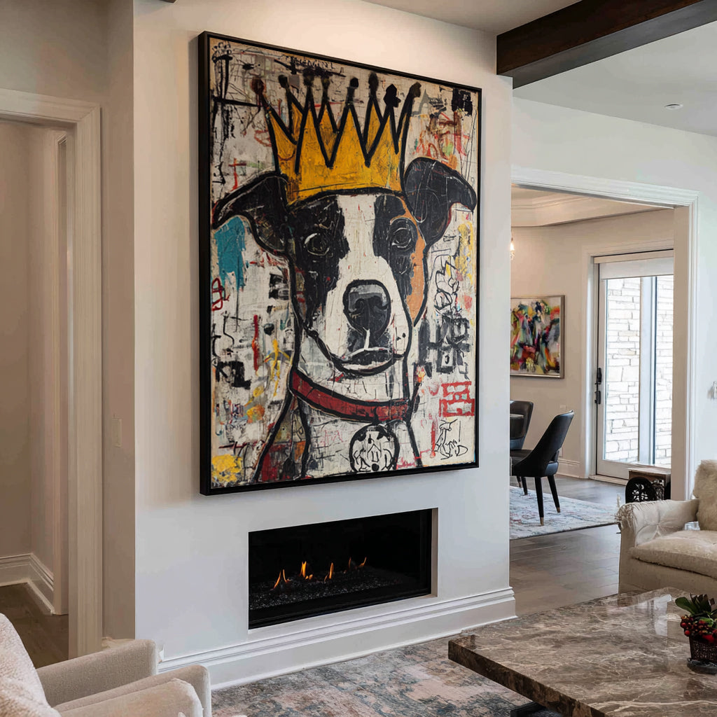 Urban King: Hand-Painted Basquiat-Style Graffiti Dog Canvas Art