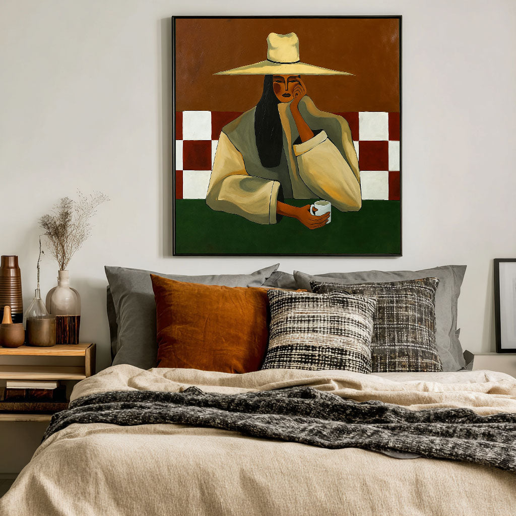 Original Modern Female Portrait Painting - Elegant Woman and Coffee Abstract Wall Art